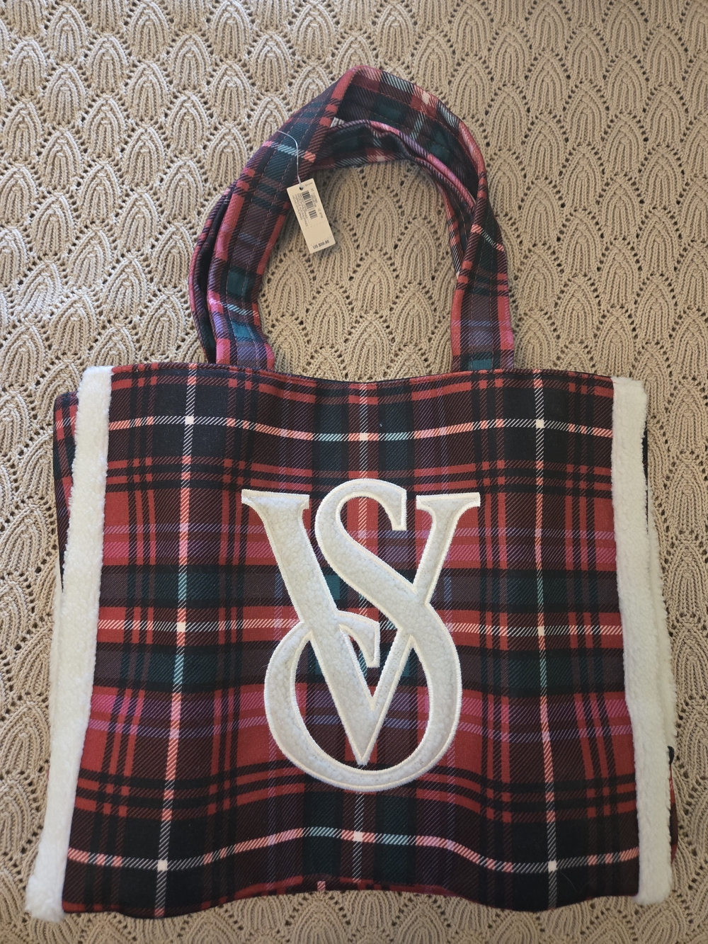 Victoria's Secret Red and Black Plaid Tote with White Monogram